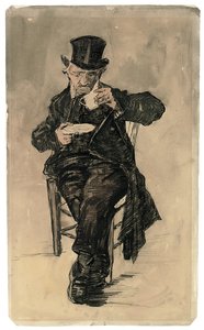 Armenhausbewohner mit Zylinder trinkt eine Tasse Kaffee, 1882 von Vincent van Gogh