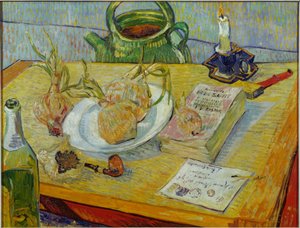 Stilleben mit Zeichenbrett, Pfeife, Zwiebeln und Siegellack von Vincent van Gogh