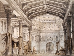 Bühnenbild für zweite Szene von Norma, Oper von Vincenzo Bellini, aufgeführt im La Fenice Theater in Venedig
