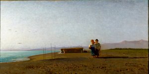 Ansicht des Strandes von Viareggio bei Sonnenaufgang an der toskanischen Küste, zwei Kindersilhouetten von Vincenzo Cabianca