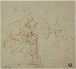 Skizzen von Jungfrau und Kind, sitzende Figur und Landschaft von Vincenzo Tamagni