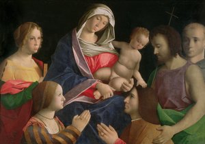 Madonna mit Kind und dem Heiligen Johannes dem Täufer, zwei Heiligen und Stiftern von Vincenzo di Biagio (follower of) Catena