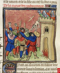 Detail einer Miniatur des Dritten Kreuzzugs der Pastoureaux. Juden werfen ihre Kinder von einem Turm, nach 1380 von Virgil Master