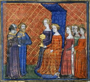 König Salomo empfängt die Königin von Saba aus der Bible historiale von Guiart des Moulins, 1400-1415 von Virgil Master