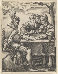 Zwei Männer und eine Frau spielen Karten an einem Tisch, ein Mann drückt seine Nase..., ca. 1535-62 von Virgil Solis