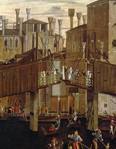 Das Wunder des Relikts des Heiligen Kreuzes, Detail der alten Rialto-Brücke von Vittore Carpaccio