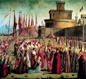 Die Pilger werden von Papst Cyriacus vor den Mauern Roms empfangen, Die Legende der Heiligen Ursula, 1497