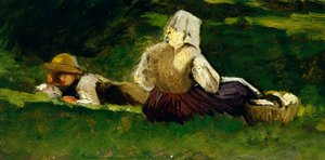 Sitzende Frau und Junge auf dem Gras liegend von Vittorio Avondo