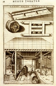 Pferdegetriebener hydraulischer Flaschenzugmechanismus zum Bewegen von Gütern zwischen Land und Wasser, 1607