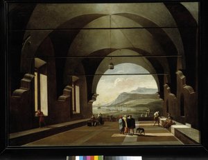Gewölbte Galerie mit Meereslandschaft im Hintergrund von Viviano Codazzi
