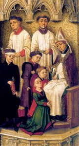 Triptychon der Erlösung, Detail der Bögen und des Portals, die das zentrale Panel überwinden, das das Sakrament der Firmung beschreibt