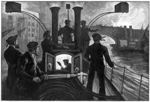 Dampf-Feuerwehrfahrzeug auf dem Weg zu einem Flussuferbrand, Londoner Feuerwehr