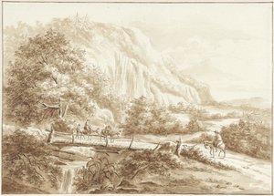 Berglandschaft mit Reisenden auf Eseln, die eine Holzbrücke überqueren von W.C.E. Roelofs
