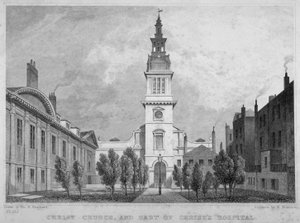 Westansicht der Christ Church, Newgate Street, mit einem Teil des Christ