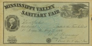 Leeres illustriertes Spendenzertifikat für Spenden auf der Mississippi Valley Sanitary Fair, 7. Mai 1864