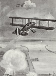 Staffelführer Richard Davies und Flugleutnant Richard Peirse werfen Bomben auf die U-Boot-Station in Zeebrugge unter schwerem Beschuss, 23. Januar 1915 von W. Avis