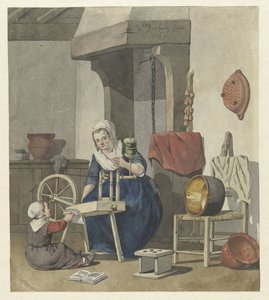 Interieur mit einer spinnenden Frau mit einem Kind von W. Barthautz