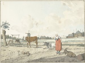 Landschaft mit Bäuerin und Vieh von W. Barthautz