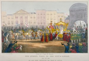 Ansicht von Temple Bar während des Besuchs von Königin Victoria in der City of London im Jahr 1837 von W Clerk