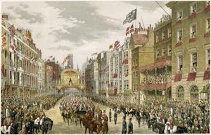 Prozession auf dem Strand, Temple Bar, Strand, London, UK (Farbstich) von W. H. Russell