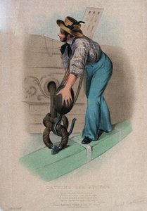 Den Anker umgeben (den Anker heben und den Korkring passieren). Farblithographie von W. Kohler