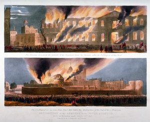 Zwei Ansichten der Zerstörung des Zeughauses im Tower of London durch Feuer von W Kohler and Co