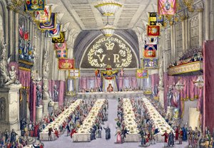 Der Gemeindekundige verkündet den Trinkspruch auf die Gesundheit von Königin Victoria bei einem Bankett in der Guildhall, 1837 von W. Lake
