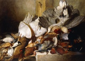 Ein Stillleben mit toten Vögeln; Ein Reiher, der an einer Wand hängt, Ente, Fasan, Rebhuhn, Waldschnepfe, ein Schwan und eine Taube mit einem Hasen