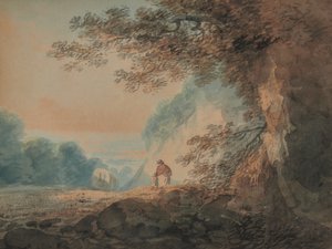 Landschaft, Baum im rechten Vordergrund, Karren und Figuren von Frau und Kind