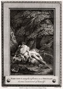 Narziss sieht sein Spiegelbild in einem Brunnen und verliebt sich in sich selbst, 1775