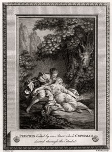 Procris, getötet von einem Pfeil, den Cephalus durch das Dickicht schoss