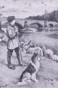 Der Anblick der alten römischen Brücke in Musselburgh regt die Fantasie von John Rennie, dem Schäferjungen, an, aus My Magazine, veröffentlicht 1922 (Lithografie) von Wal Paget