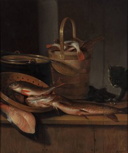 Stillleben mit Fisch und Katze, um 1650-1660