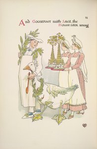 Ein Koch, der eine Gans hält. Zwei Damen, die Tabletts tragen von Walter Crane