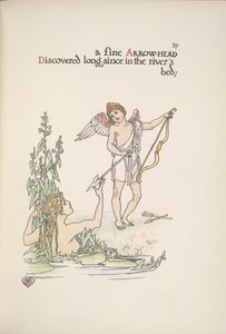 Ein Engel hält einen Pfeil, und eine Dame in einem Fluss oder See von Walter Crane