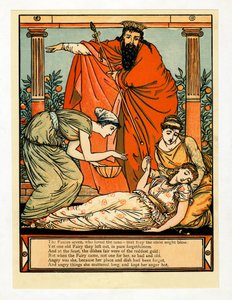 Und sie fällt in einen todesähnlichen Schlaf, aus dem Blue Beard Picture Book, veröffentlicht 1879 von Walter Crane