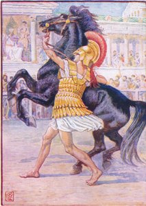 Er rannte auf das Pferd zu und ergriff die Zügel, Illustration aus Die Geschichte Griechenlands, 1930er Jahre von Walter Crane