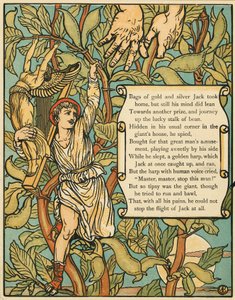Jack steigt die Bohnenranke hinunter aus Jack und die Bohnenranke, veröffentlicht 1875, Farblithographie, 1875