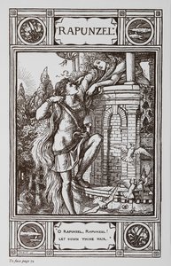 Rapunzel lehnt sich aus dem Fenster eines Turms, während ein Prinz an ihrem Haar hochklettert von Walter Crane