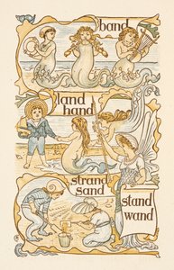 Reimwörter, die mit dem Buchstaben D enden. Meerjungfrauen. Kinder bauen Sandburgen am Strand. Der goldene Primer. von Walter Crane