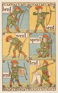 Reimwörter, die mit dem Buchstaben T enden. Ein Junge mit Bogen und Pfeil. The Golden Primer von Walter Crane