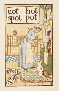 Reimwörter, die mit dem Buchstaben T enden. Eine Illustration, die eine Krankenschwester zeigt, die einen Topf für ein krankes Kind kocht. Der Goldene Primer. von Walter Crane
