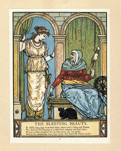 Die Prinzessin lernt spinnen, aus dem Bilderbuch „Blaubart“, veröffentlicht 1879