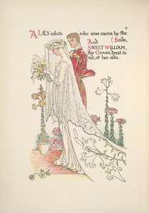 Die Braut und der Bräutigam. Ein lilienweißes Gewand, getragen von der Braut, und Sweet William, der Bräutigam, in Rot gekleidet