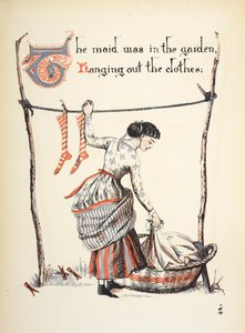Das Dienstmädchen war im Garten und hängte die Wäsche auf. von Walter Crane
