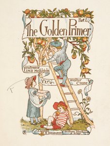 Titelseite für den Goldenen Primer. Ein Kind steht auf einer Leiter und pflückt Äpfel von einem Baum.