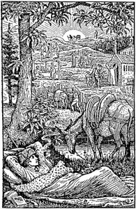 Reisen mit einem Esel in den Cevennen, von Robert Louis Stevenson. Abend, der Schriftsteller träumt während eines Nachtstopps, nahe seiner Eselin Modestine. Frontispiz der ersten englischen Ausgabe (1879), Holzschnitt von Walter Cra