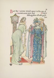 Hochzeitsgäste verlassen. Eine Dame verabschiedet sich; ein Mann hilft ihr, ihren Mantel anzuziehen von Walter Crane