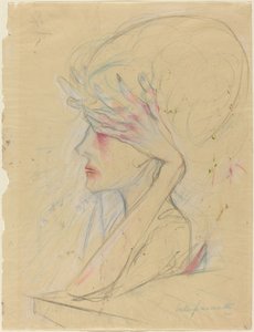 Eine elegante Frau, die ihre Augen bedeckt von Walter Gramatte