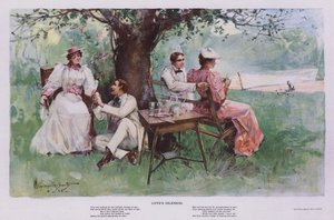 Die Müßigkeit der Liebe: zwei Paare entspannen sich im Schatten unter einem Baum im Garten von Walter Granville Smith